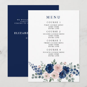 Navy Blue and Blush Floral Modern Wedding Menu