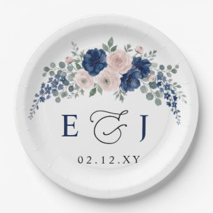 Navy Blue and Blush Floral Modern Wedding Paper Plates