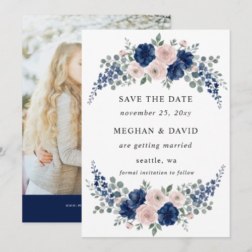 Navy Blue and Blush Floral Modern Wedding Photo Save The Date