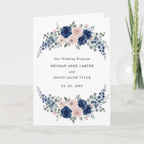 Navy Blue and Blush Floral Modern Wedding Program