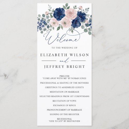 Navy Blue and Blush Floral Modern Wedding Program