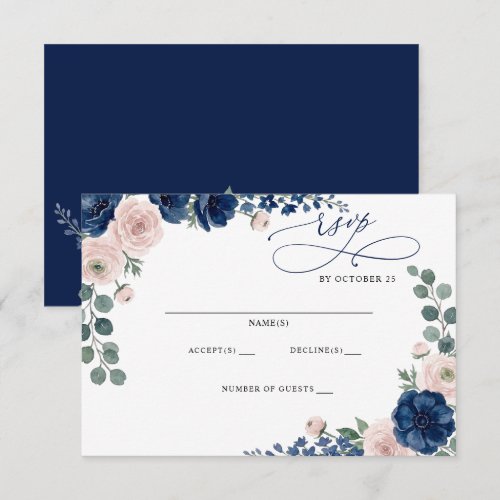 Navy Blue and Blush Floral Modern Wedding RSVP Card