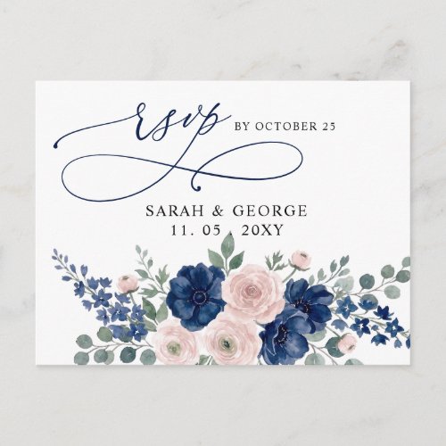 Navy Blue and Blush Floral Modern Wedding Rsvp Postcard