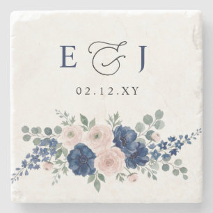 Navy Blue and Blush Floral Modern Wedding Stone Coaster