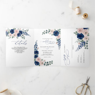 Navy Blue and Blush Floral Modern Wedding Tri-Fold Invitation