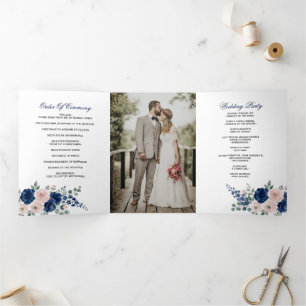 Navy Blue and Blush Floral Modern Wedding Tri-Fold Program