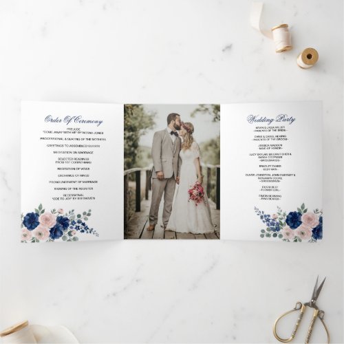 Navy Blue and Blush Floral Modern Wedding Tri-Fold Program
