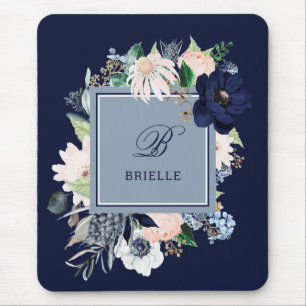 Navy Blue and Blush Floral Name and Monogram Mouse Pad