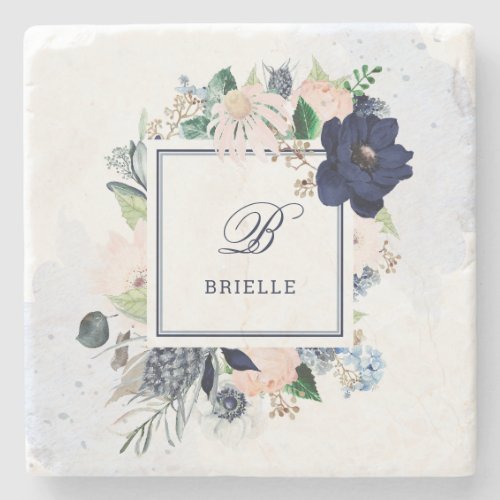 Navy Blue and Blush Floral  Name and Monogram Stone Coaster