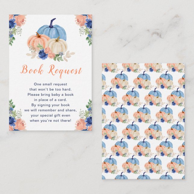 Navy Blue and Blush Floral Pumpkins Baby Shower Enclosure Card (Front/Back)