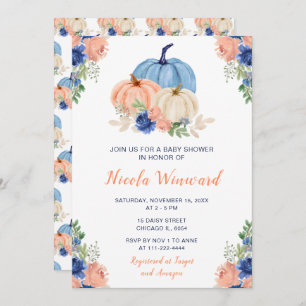 Navy Blue and Blush Floral Pumpkins Baby Shower Invitation