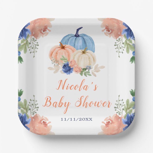 Navy Blue and Blush Floral Pumpkins Baby Shower Paper Plates (Front)