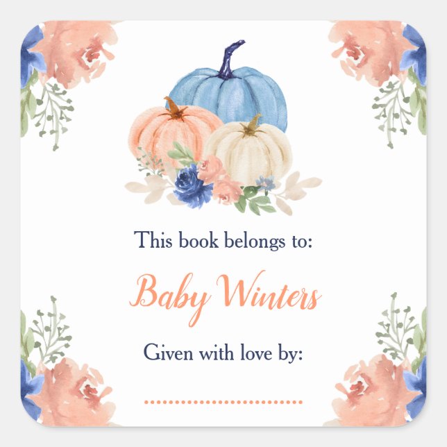 Navy Blue and Blush Floral Pumpkins Baby Shower Square Sticker (Front)