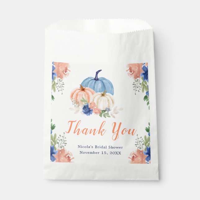Navy Blue and Blush Floral Pumpkins Bridal Shower Favor Bag (Front)