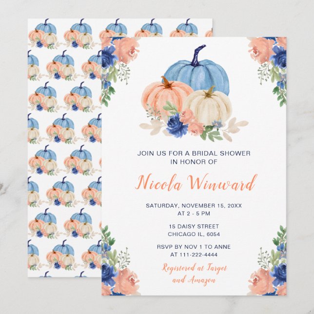 Navy Blue and Blush Floral Pumpkins Bridal Shower Invitation (Front/Back)
