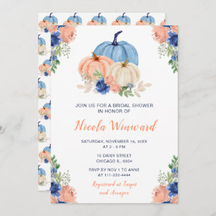 Navy Blue and Blush Floral Pumpkins Bridal Shower Invitation