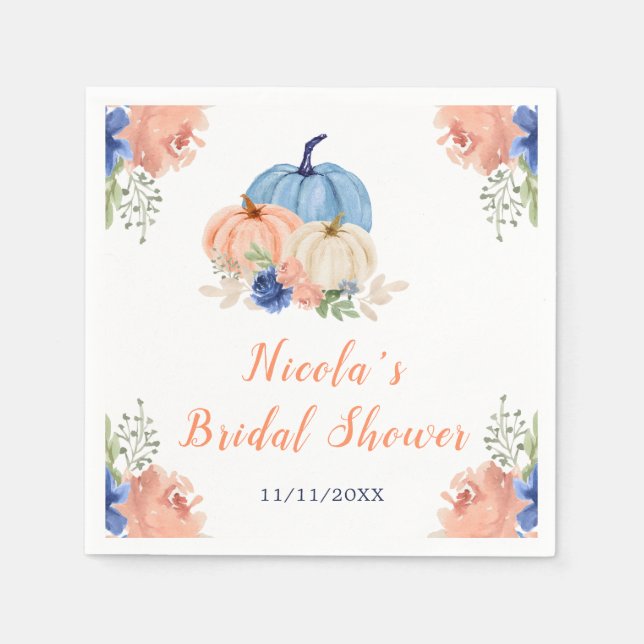 Navy Blue and Blush Floral Pumpkins Bridal Shower Napkins (Front)