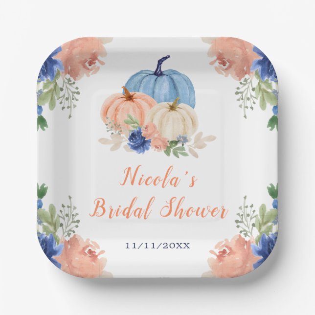 Navy Blue and Blush Floral Pumpkins Bridal Shower Paper Plates (Front)