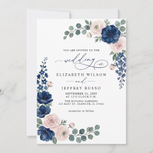 Navy Blue and Blush Floral QR Code Wedding Invitation