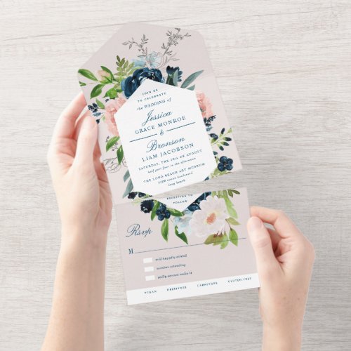 Navy Blue and Blush Floral Wedding All In One Invitation