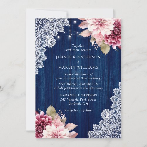 Navy Blue and Blush Floral Wedding Invitation