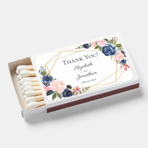 Navy Blue and Blush Floral Wedding Matchboxes