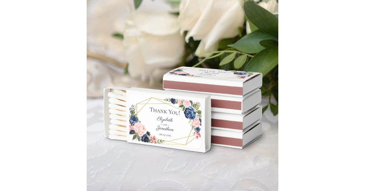 Navy Blue and Blush Floral Wedding Matchboxes | Zazzle