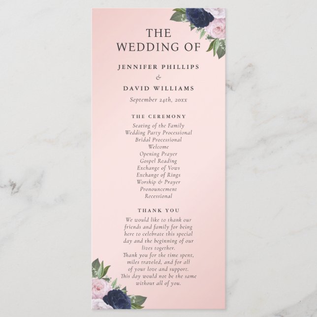 Navy Blue and Blush Floral Wedding Program (Front)