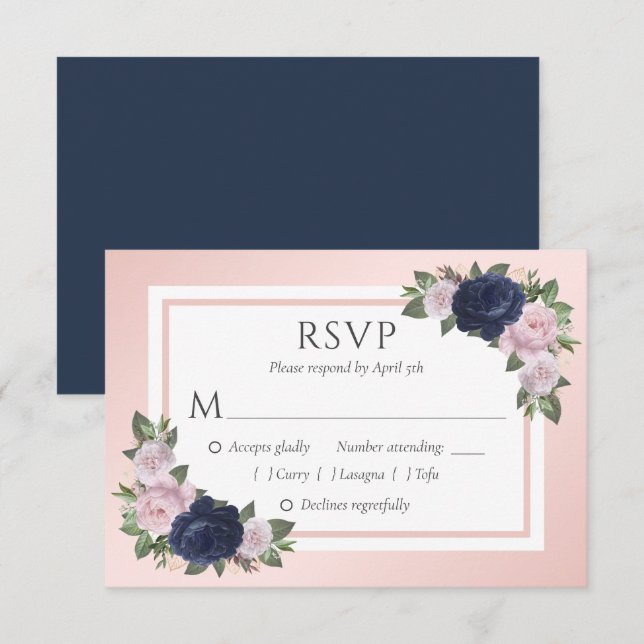Navy Blue and Blush Floral Wedding RSVP Cards (Front/Back)