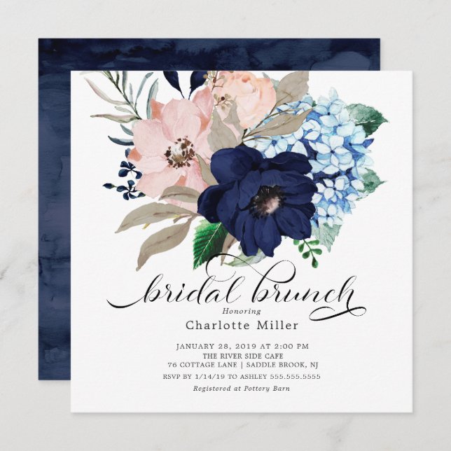Navy Blue and Blush Flowers Bridal Brunch Invitation (Front/Back)