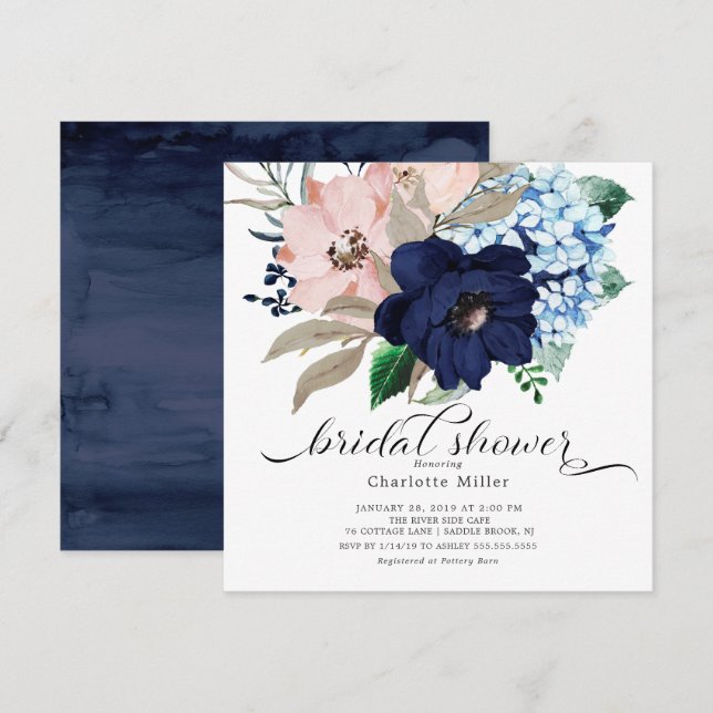 Navy Blue and Blush Flowers Bridal Shower Invitation (Front/Back)