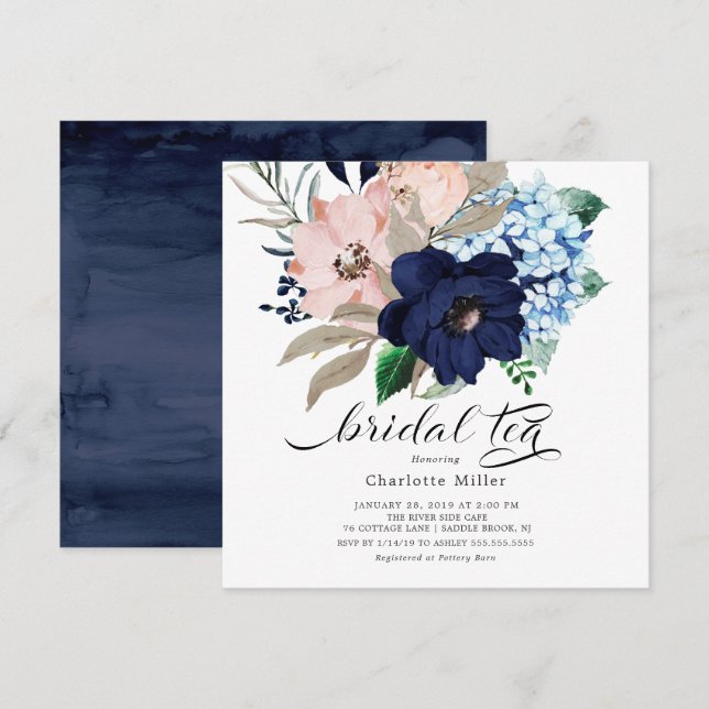 Navy Blue and Blush Flowers Bridal Shower Tea Invitation (Front/Back)