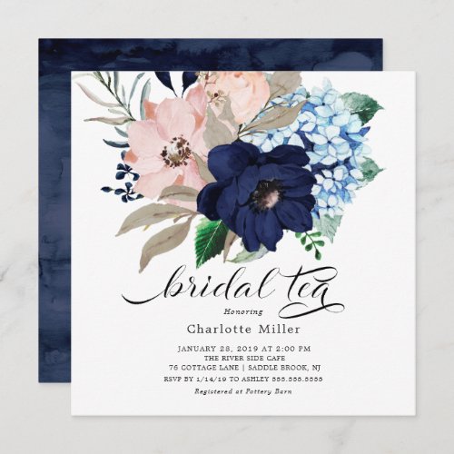 Navy Blue and Blush Flowers Bridal Shower Tea Invitation