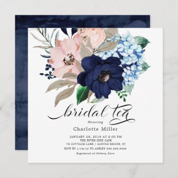 Navy Blue And Blush Flowers Bridal Shower Tea Invitation by celebrateitweddings at Zazzle