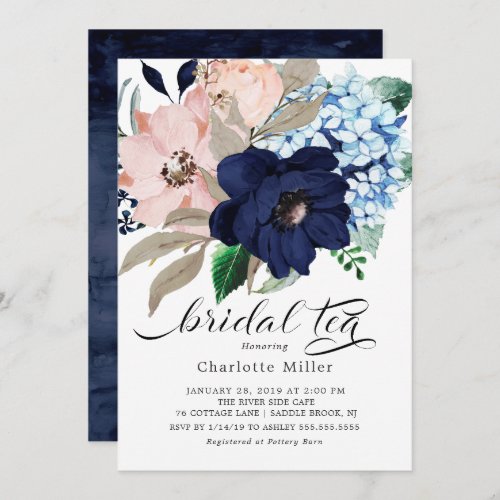 Navy Blue and Blush Flowers Bridal Shower Tea Invitation