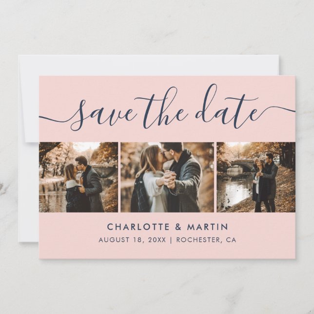 Navy Blue and Blush Modern Script Wedding Photo Save The Date (Front)