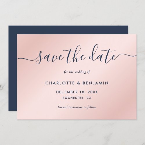 Navy Blue and Blush Modern Script Wedding Save The Date