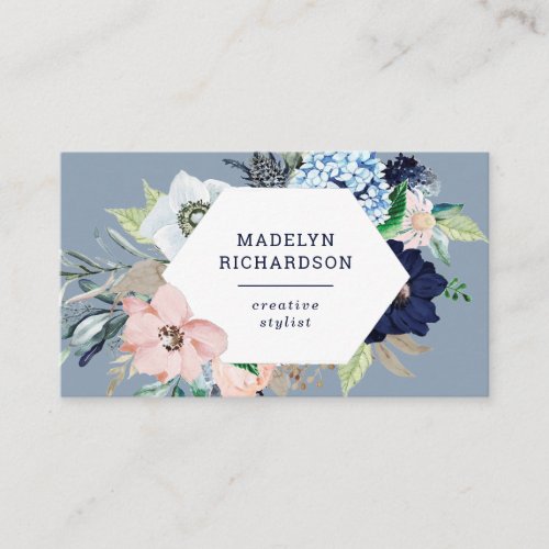 Navy Blue and Blush Nautical Flowers on Dusty Blue Business Card