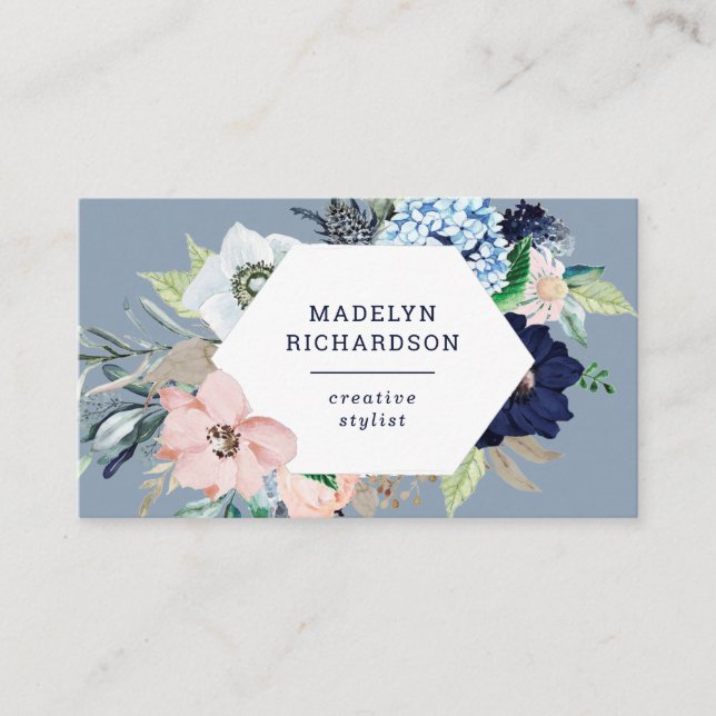 Navy Blue and Blush Nautical Flowers on Dusty Blue Business Card (Front)