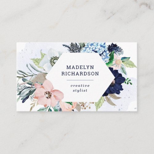 Navy Blue and Blush Nautical Flowers on White Business Card