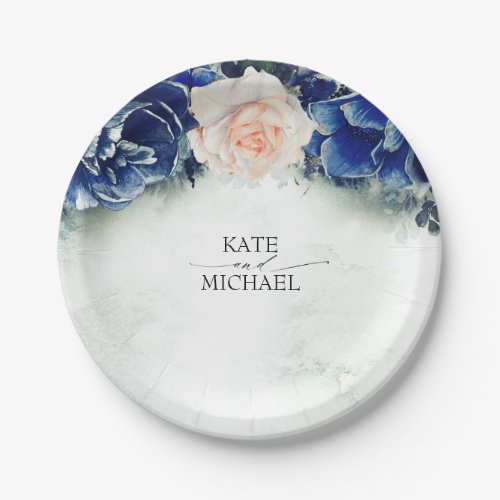 Navy Blue and Blush Peach Floral Wedding Paper Plates