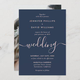 Navy Blue and Blush Photo Modern Script Wedding Invitation