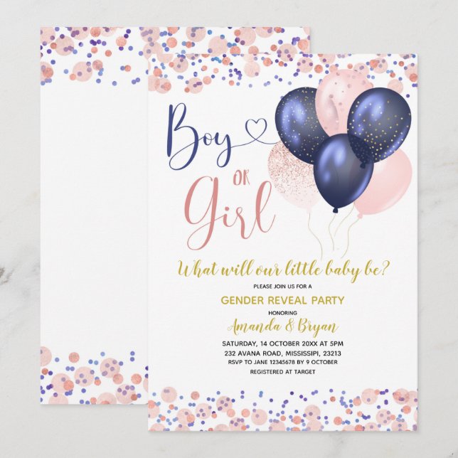 Navy Blue and Blush Pink Balloon Gender Reveal Invitation (Front/Back)