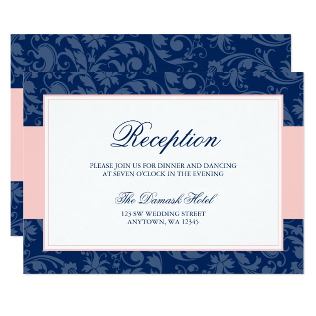 Navy Blue And Blush Pink Damask Swirl Reception Card