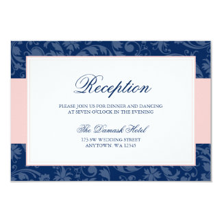 Navy Blue and Blush Pink Damask Swirl Reception Card