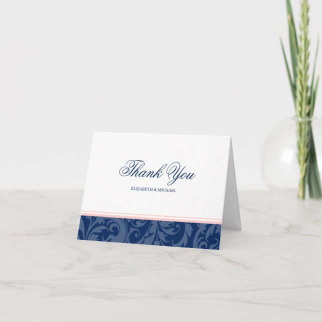 Navy Blue and Blush Pink Damask Swirl Thank You (Front)