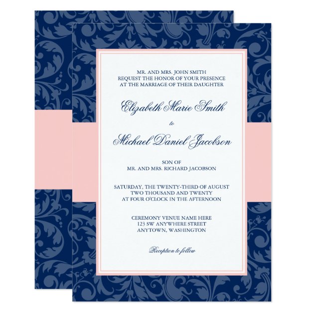 Navy Blue And Blush Pink Damask Swirl Wedding Invitation