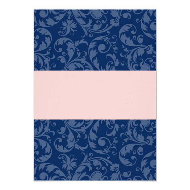 Navy Blue And Blush Pink Damask Swirl Wedding Invitation