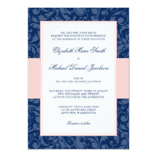 Navy Blue and Blush Pink Damask Swirl Wedding Card
