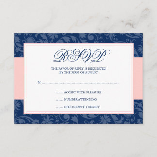 Navy Blue and Blush Pink Damask Swirl Wedding RSVP